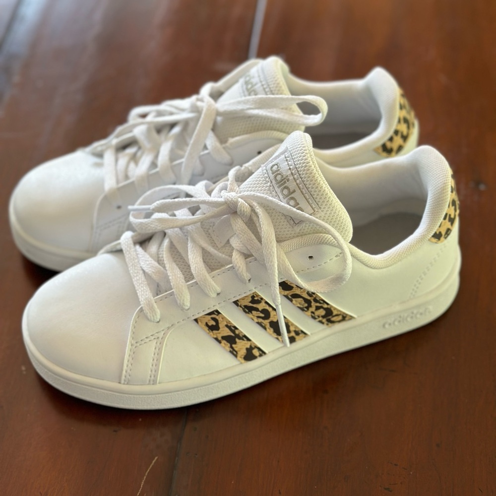 White Adidas Sneakers with Cheetah Print Detail